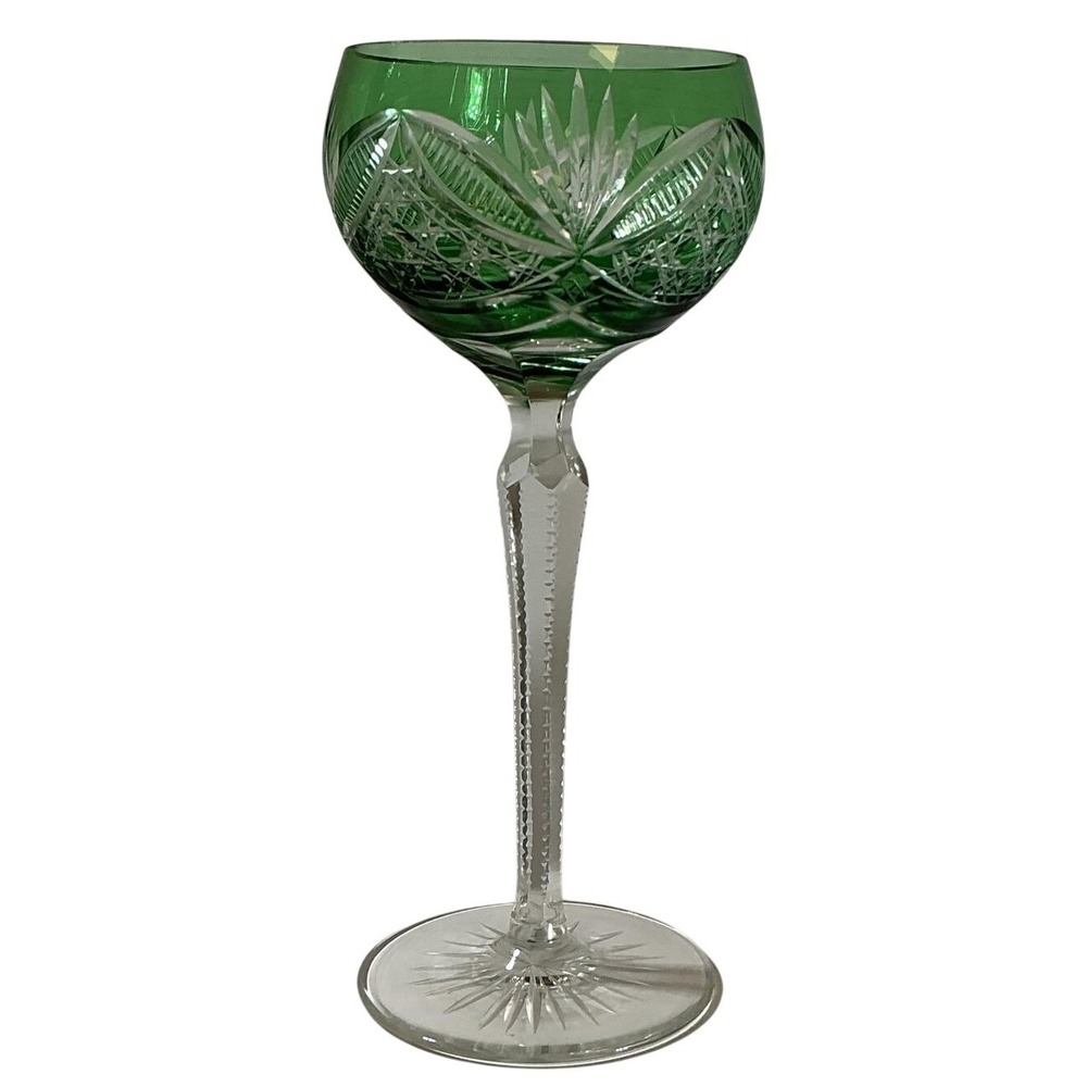 Vintage Emerald Green Cut to Clear Crystal Wine Goblet Starburst Stemware